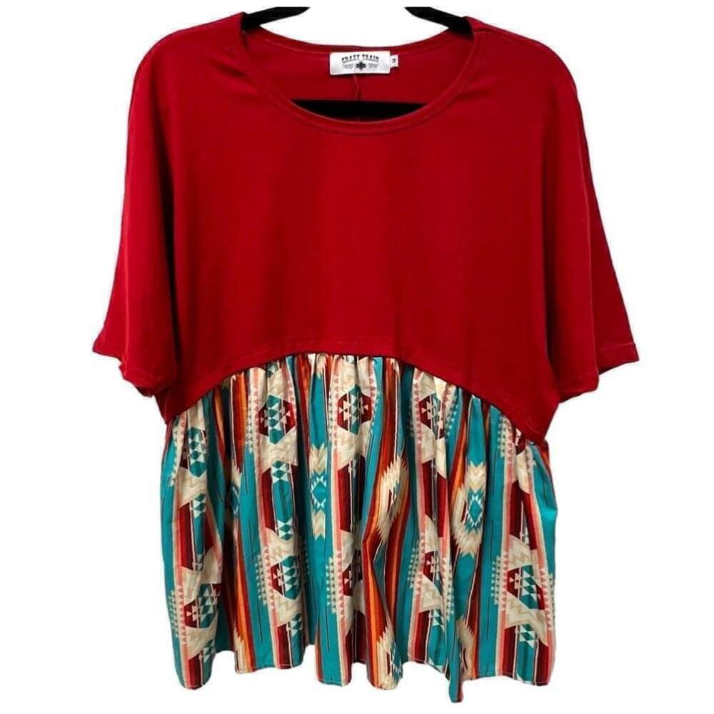 Crazy Train Red & Turquoise Tribal Print Oversized Boho WesternTop - Size M - Picture 10 of 11